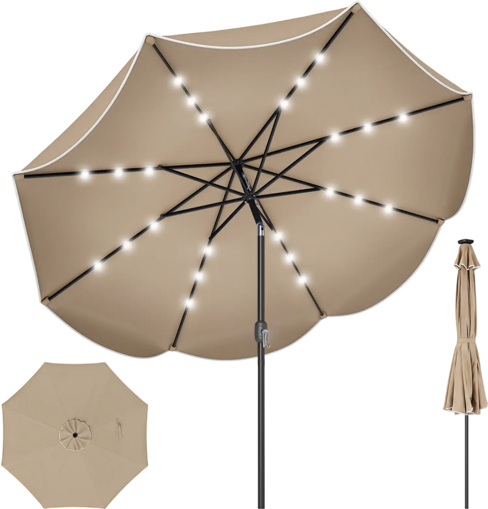 9 FT tan scalloped solar patio umbrella with 24 LED lights, featuring a crank handle and push button tilt for optimal.