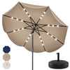 9 FT tan scalloped solar patio umbrella with 24 LED lights, featuring a crank handle and push button tilt for easy.