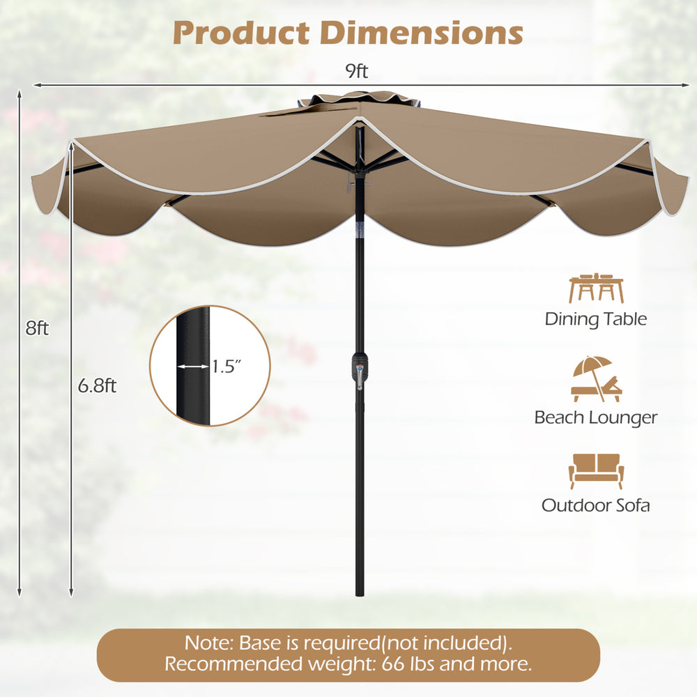 9 FT tan scalloped solar patio umbrella with 24 LED lights, featuring a push button tilt system for optimal shade.
