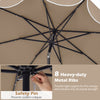 Heavy-duty metal ribs and safety pin detail of the 9 FT tan solar patio umbrella for enhanced structural strength.