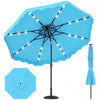 Turquoise 9 FT solar LED patio umbrella with 24 lights, push-button tilt, and crank for easy shade adjustment.