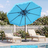 Turquoise 9 FT solar LED patio umbrella with push-button tilt, crank, and 24 lights, ideal for outdoor gatherings.