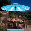 Turquoise 9 FT solar LED patio umbrella with 24 lights, push-button tilt, and crank for outdoor gatherings.