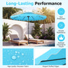 Turquoise 9 FT solar LED patio umbrella with push-button tilt, crank, and 24 lights for outdoor gatherings by the pool.