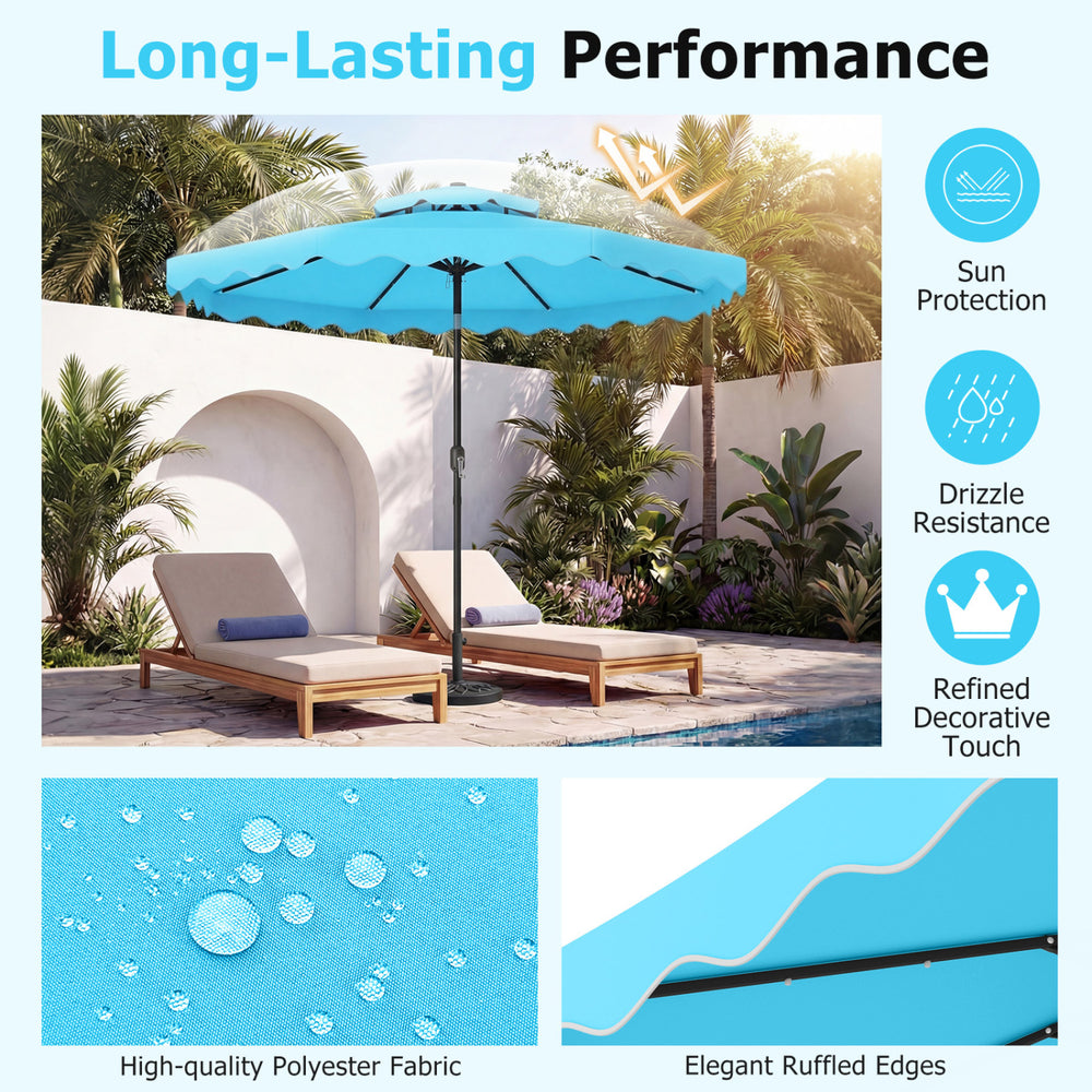 Turquoise 9 FT solar LED patio umbrella with push-button tilt, crank, and 24 lights for outdoor gatherings by the pool.