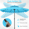Turquoise 9 FT solar LED patio umbrella with push-button tilt and crank, ideal for shade and evening ambiance.