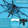 Underneath view of the 9 FT turquoise solar LED patio umbrella showcasing 8 ribs and a vented top for stability.