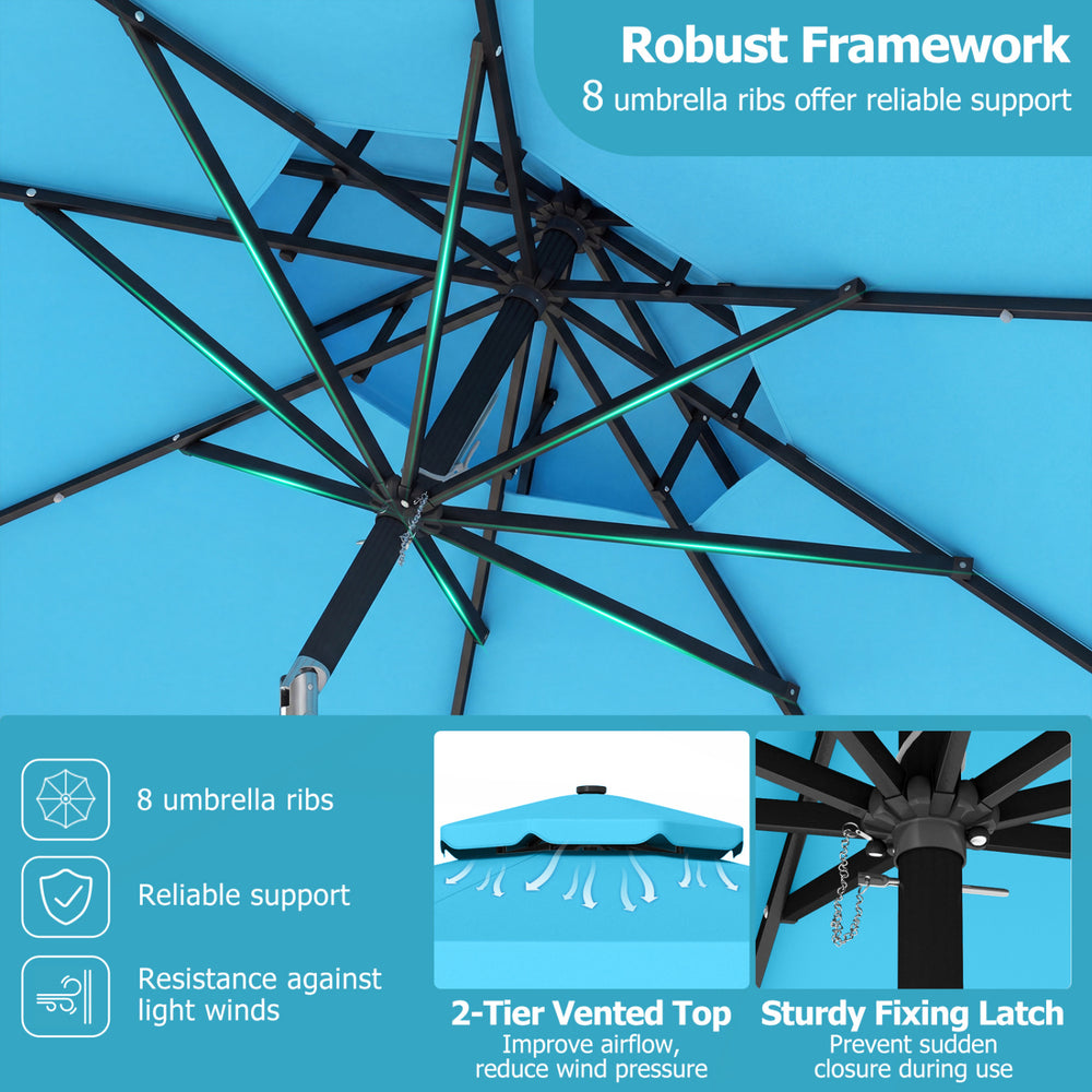 Underneath view of the 9 FT turquoise solar LED patio umbrella showcasing 8 ribs and a vented top for stability.