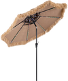 9 FT solar thatched tiki umbrella in beige with 96 multi-colored lights, perfect for garden and beach settings.