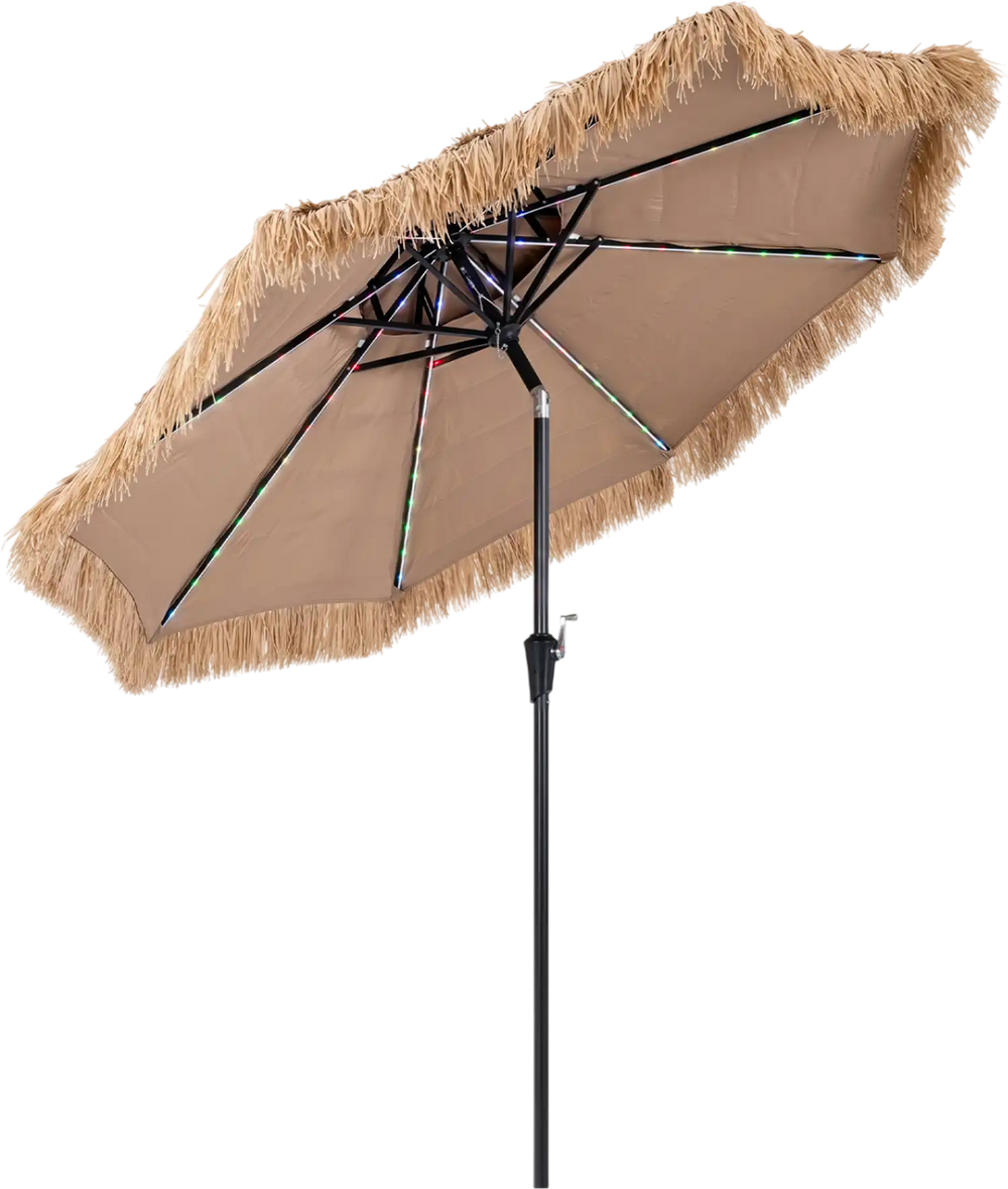 9 FT solar thatched tiki umbrella in beige with 96 multi-colored lights, perfect for garden and beach settings.