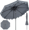 Gray 9-foot patio umbrella with ruffled scallops, push-button tilt, and crank for easy opening, ideal for outdoor.