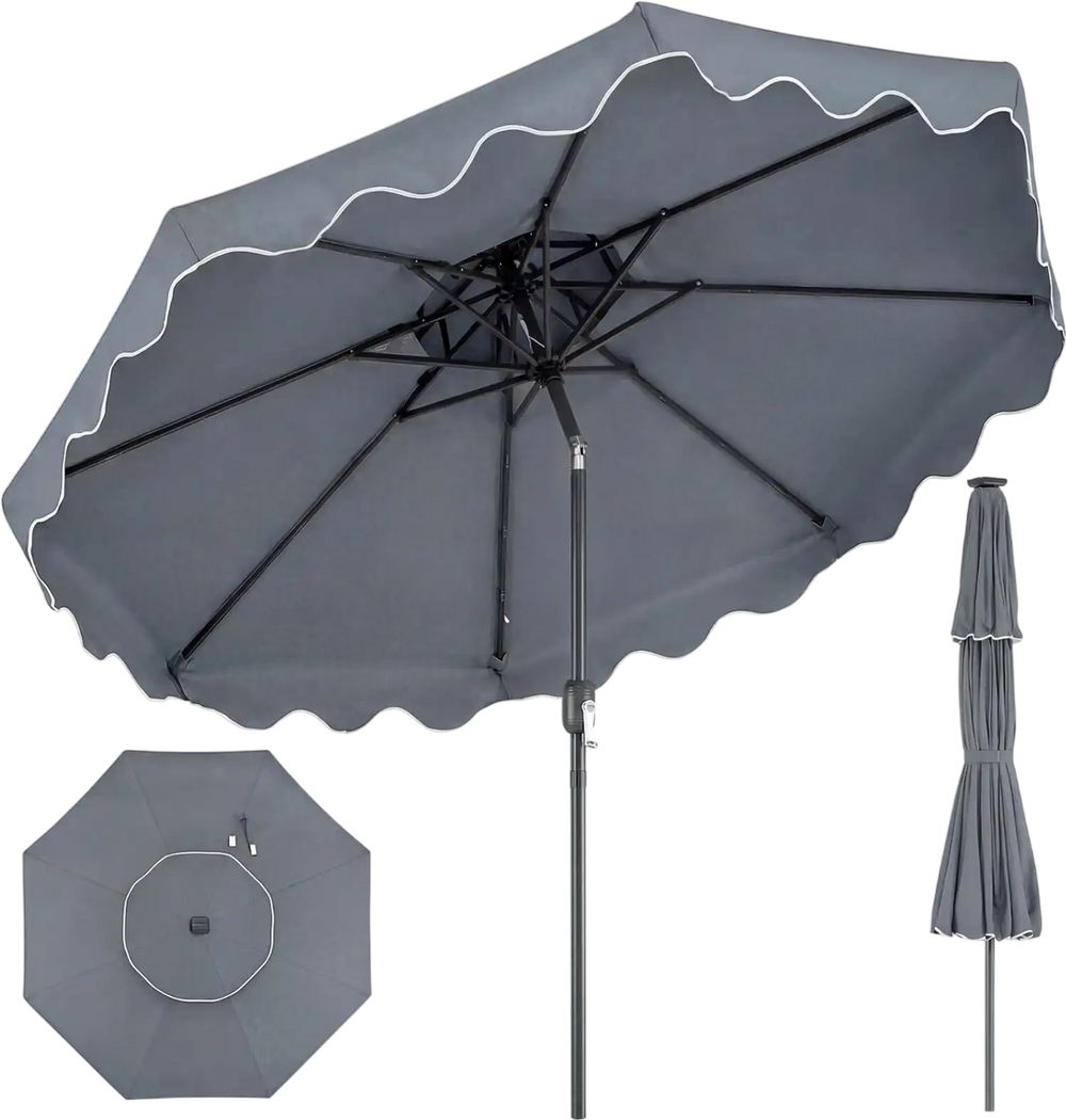 Gray 9-foot patio umbrella with ruffled scallops, push-button tilt, and crank for easy opening, ideal for outdoor.