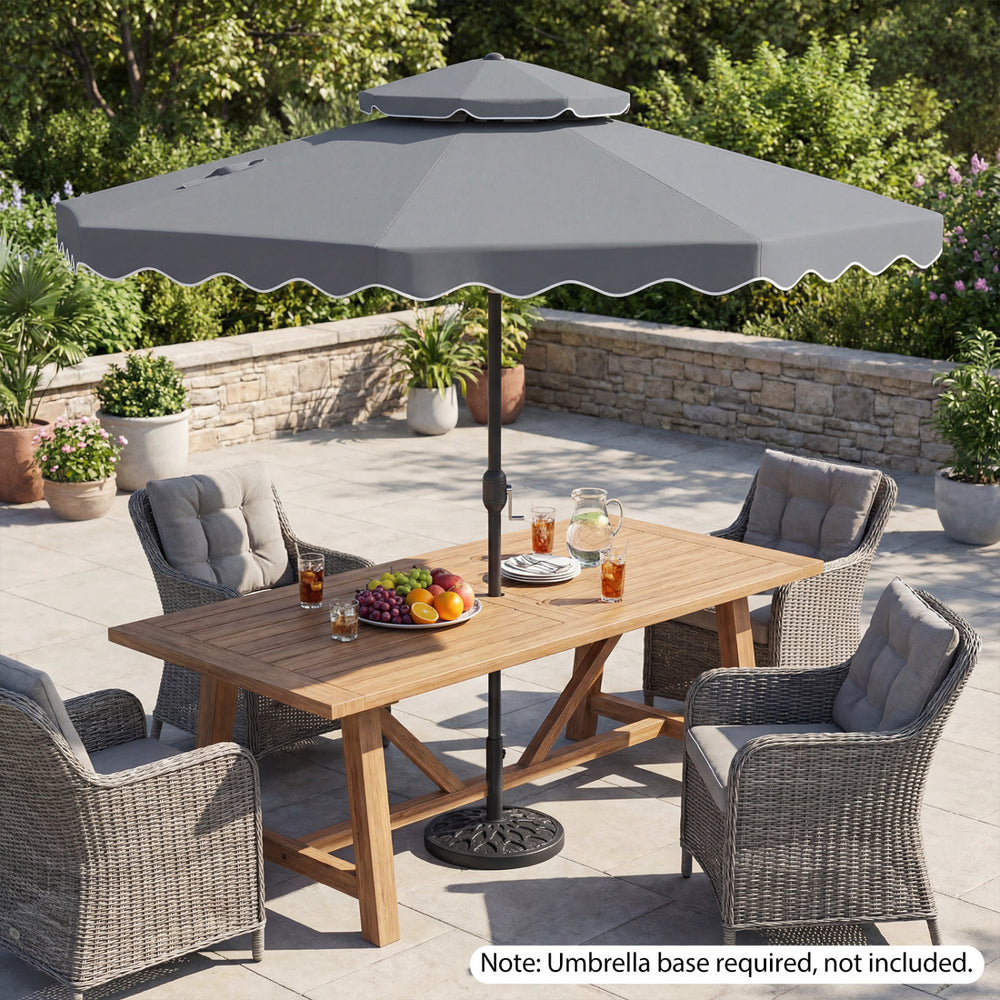 Gray 9-foot patio umbrella with push-button tilt and crank, providing ample shade for outdoor gatherings.