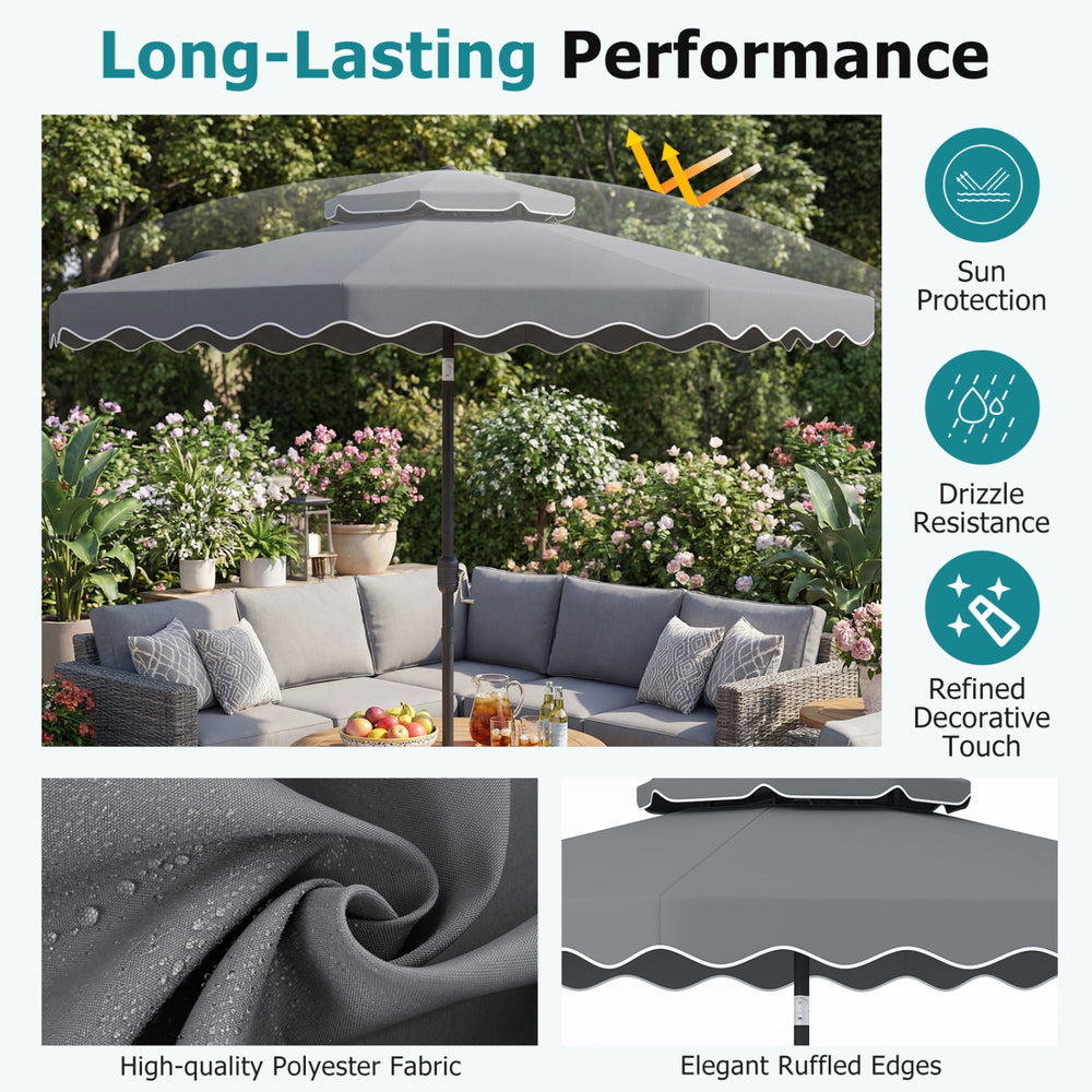 Gray 9-foot patio umbrella with ruffled scallops, push-button tilt, and crank for easy shade adjustment in outdoor.