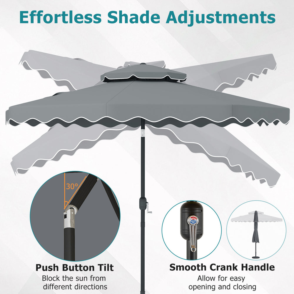 Gray 9-foot patio umbrella with push-button tilt and crank handle, featuring ruffled scallops for elegant outdoor shade.
