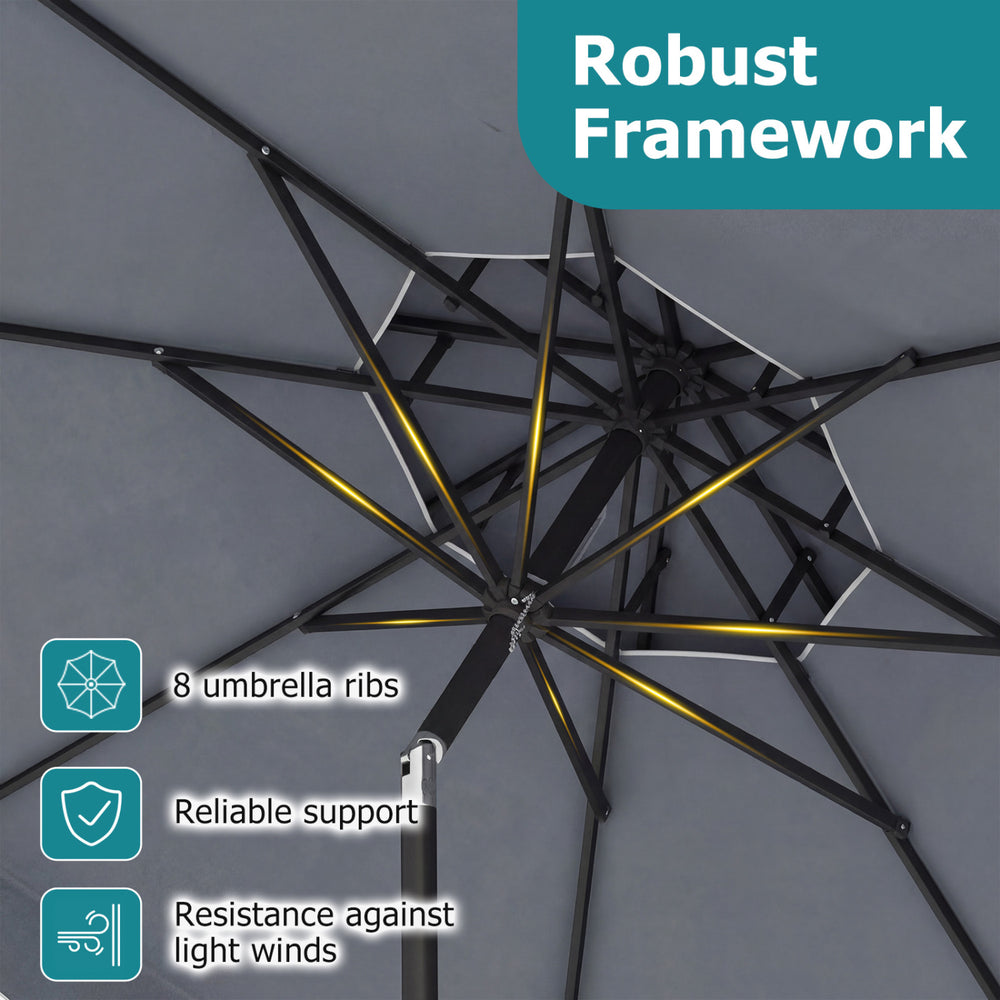 Interior view of the 9 feet gray patio umbrella showcasing the robust framework with 8 ribs for reliable support.