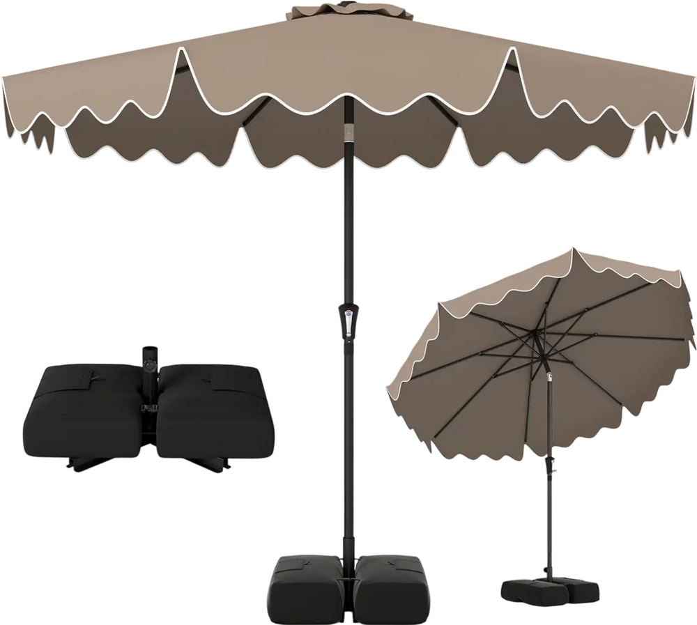 9 feet brown patio umbrella with ruffled edges, double-tiered design, and weighted base for stability in outdoor.