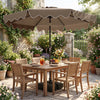 9 feet brown patio umbrella with ruffled edges and weighted base, providing shade for outdoor dining and gatherings.