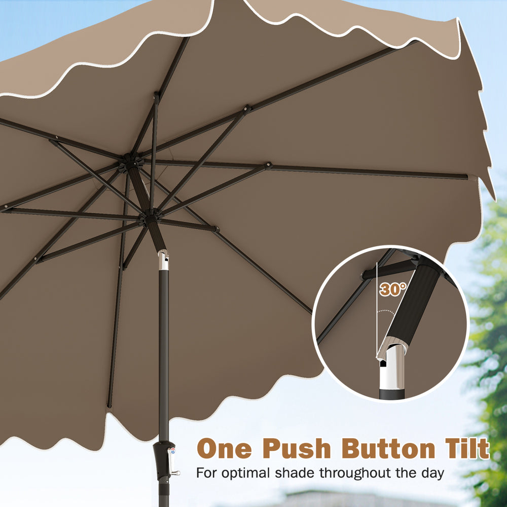 9-foot brown patio umbrella with ruffled edges, one push button tilt for optimal shade, and heavy-duty metal ribs.