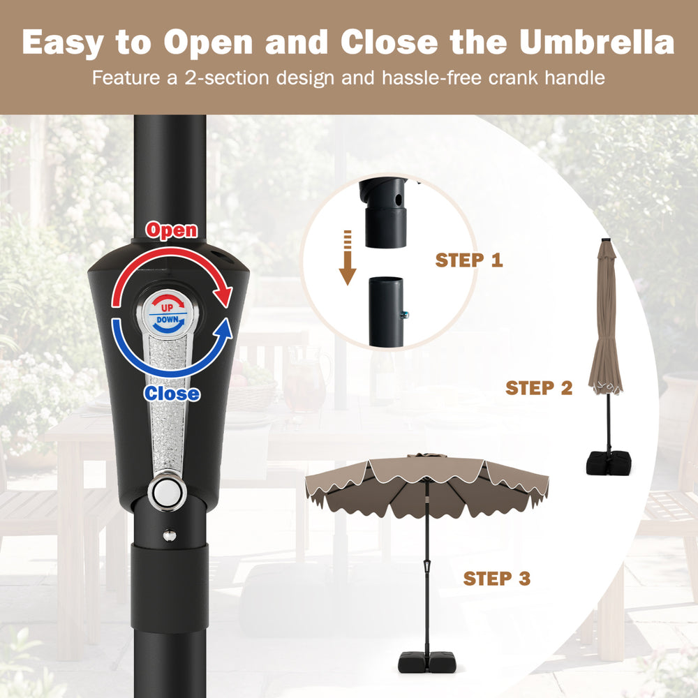 9 feet brown patio umbrella with a crank handle, featuring a double-tiered design and weighted base for stability.