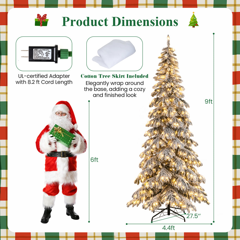 9 ft pre-lit artificial Christmas tree with 500 warm white LED lights, snow-flocked tips, and included cotton tree.