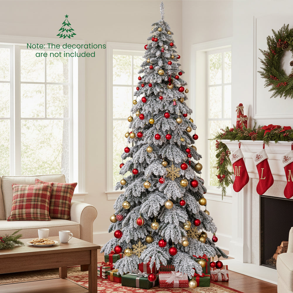 9 ft pre-lit artificial Christmas tree with snow-flocked branches and warm white LED lights, perfect for festive decor.