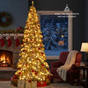 9 ft pre-lit artificial Xmas tree with 500 warm white LED lights, featuring hinged branches and a cozy holiday ambiance.