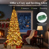 9-foot pre-lit artificial Xmas tree with 500 warm white LED lights, featuring flexible hinged branches and a cozy glow.