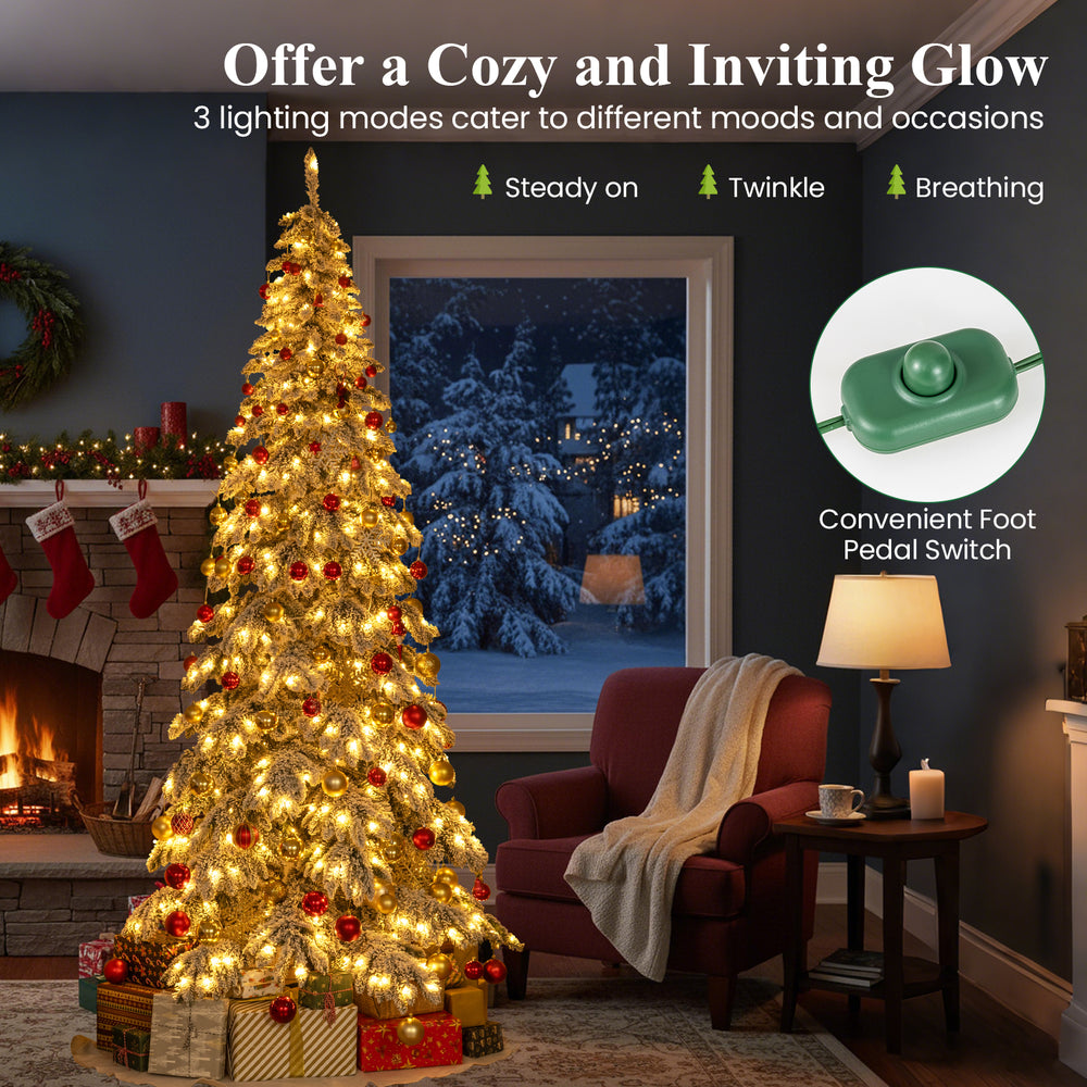 9-foot pre-lit artificial Xmas tree with 500 warm white LED lights, featuring flexible hinged branches and a cozy glow.