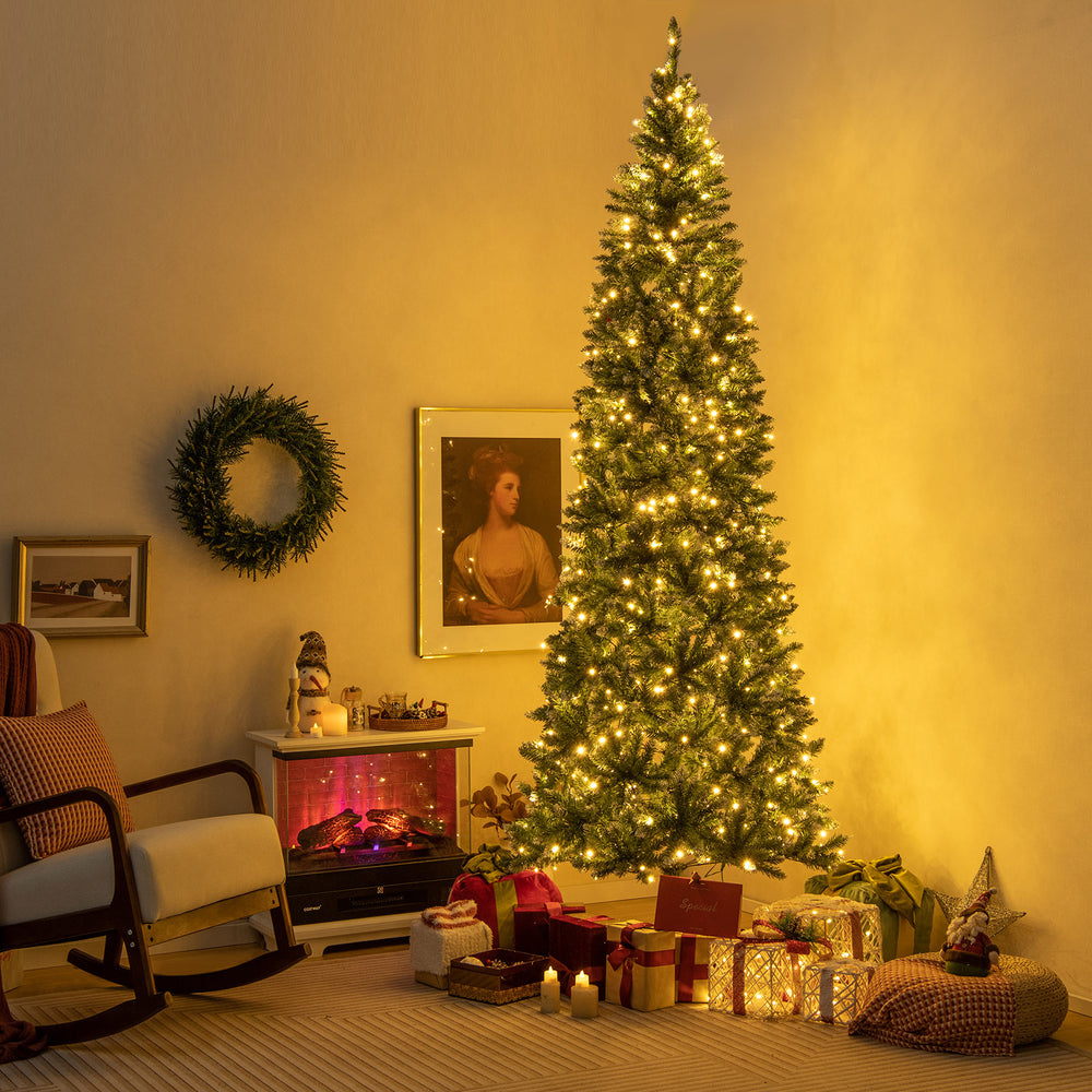 9 FT pre-lit artificial Christmas tree with 1298 snowy branch tips, adorned with 500 LED lights for a warm festive glow.