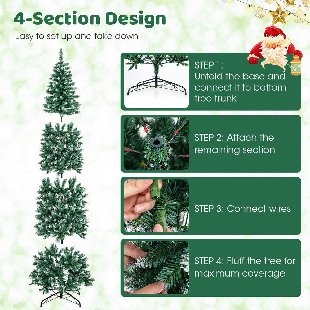9 FT pre-lit artificial Christmas tree with 1298 snowy branch tips, featuring a 4-section design for easy setup and.