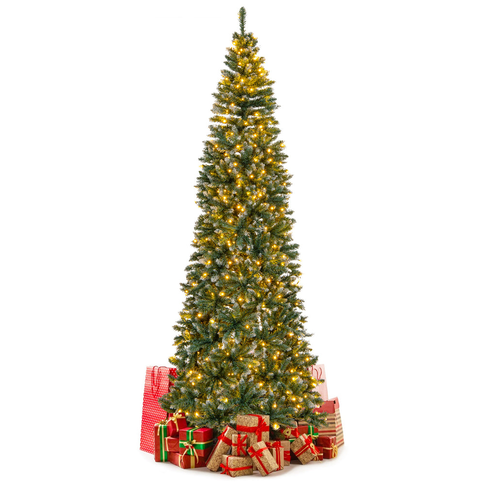 9 FT pre-lit artificial Christmas tree with 1298 snowy branch tips and 500 LED lights, perfect for festive holiday.