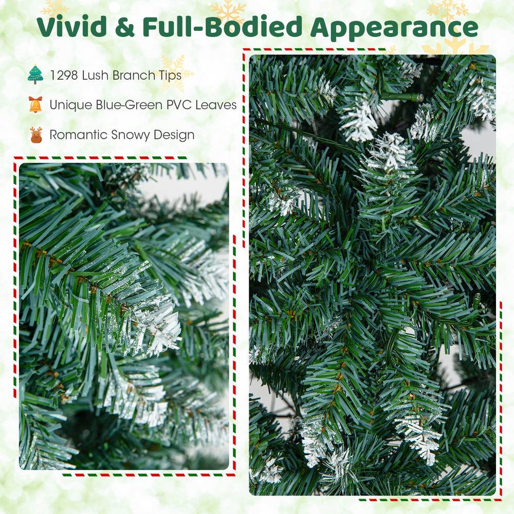 Close-up of the 9 FT pre-lit artificial Christmas tree showcasing 1298 snowy branch tips and blue-green PVC leaves.