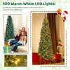 9 FT pre-lit artificial Christmas tree with 1298 snowy branch tips and 500 warm-white LED lights for festive decor.