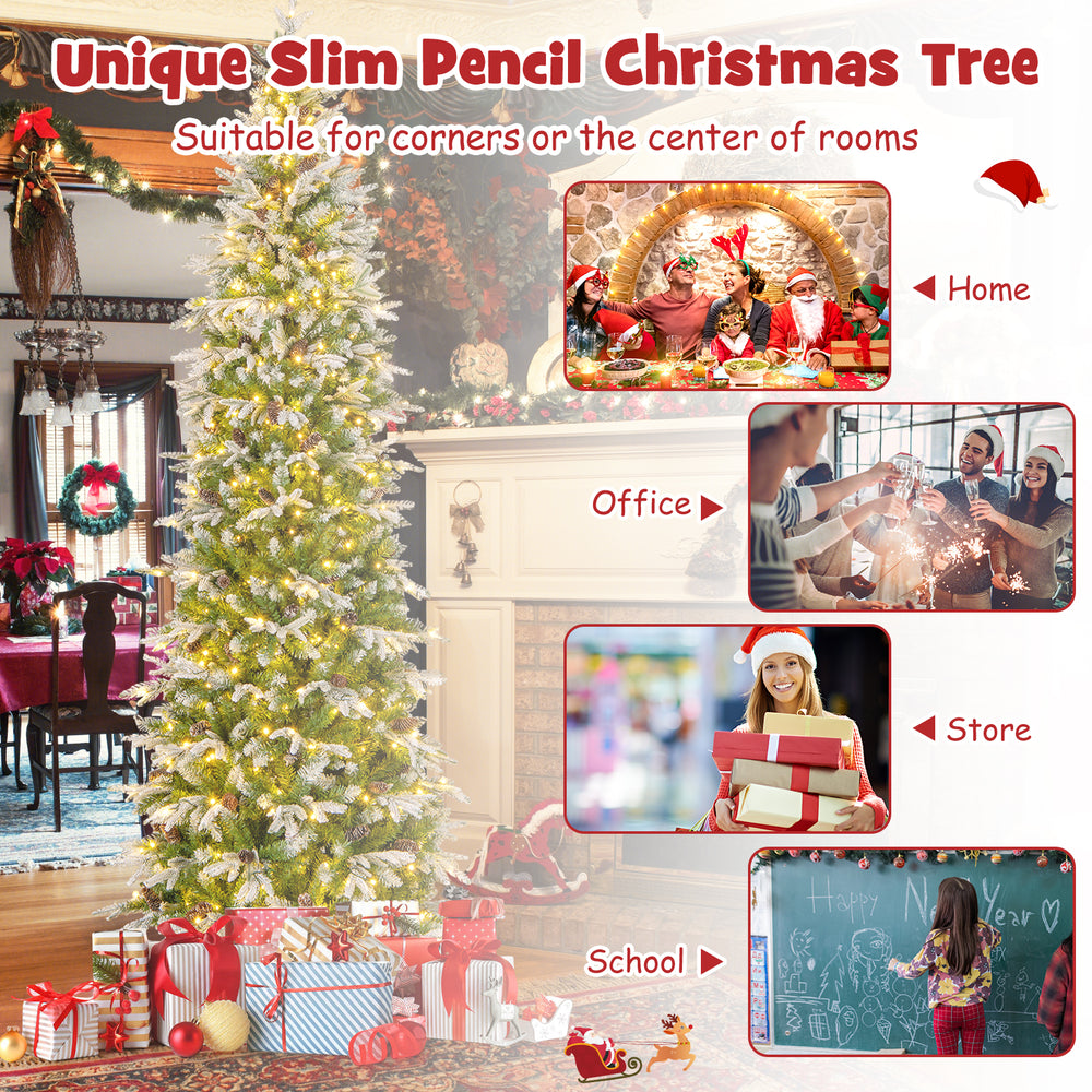 9-foot pre-lit artificial Christmas tree with snow flocked design and warm-white LED lights, perfect for home or office.