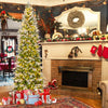 Snow-flocked 9 FT pre-lit artificial Christmas tree with warm-white LED lights, perfect for festive home decoration.