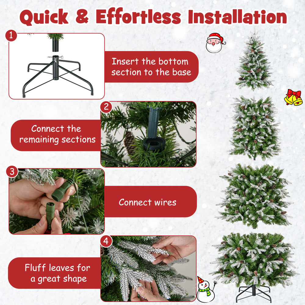 9-foot pre-lit artificial Christmas tree with snowy design, hinged branches, and warm-white LED lights for easy setup.