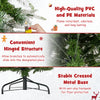 9-foot pre-lit artificial Christmas tree with snowy design, hinged branches, and stable crossed metal base for easy.