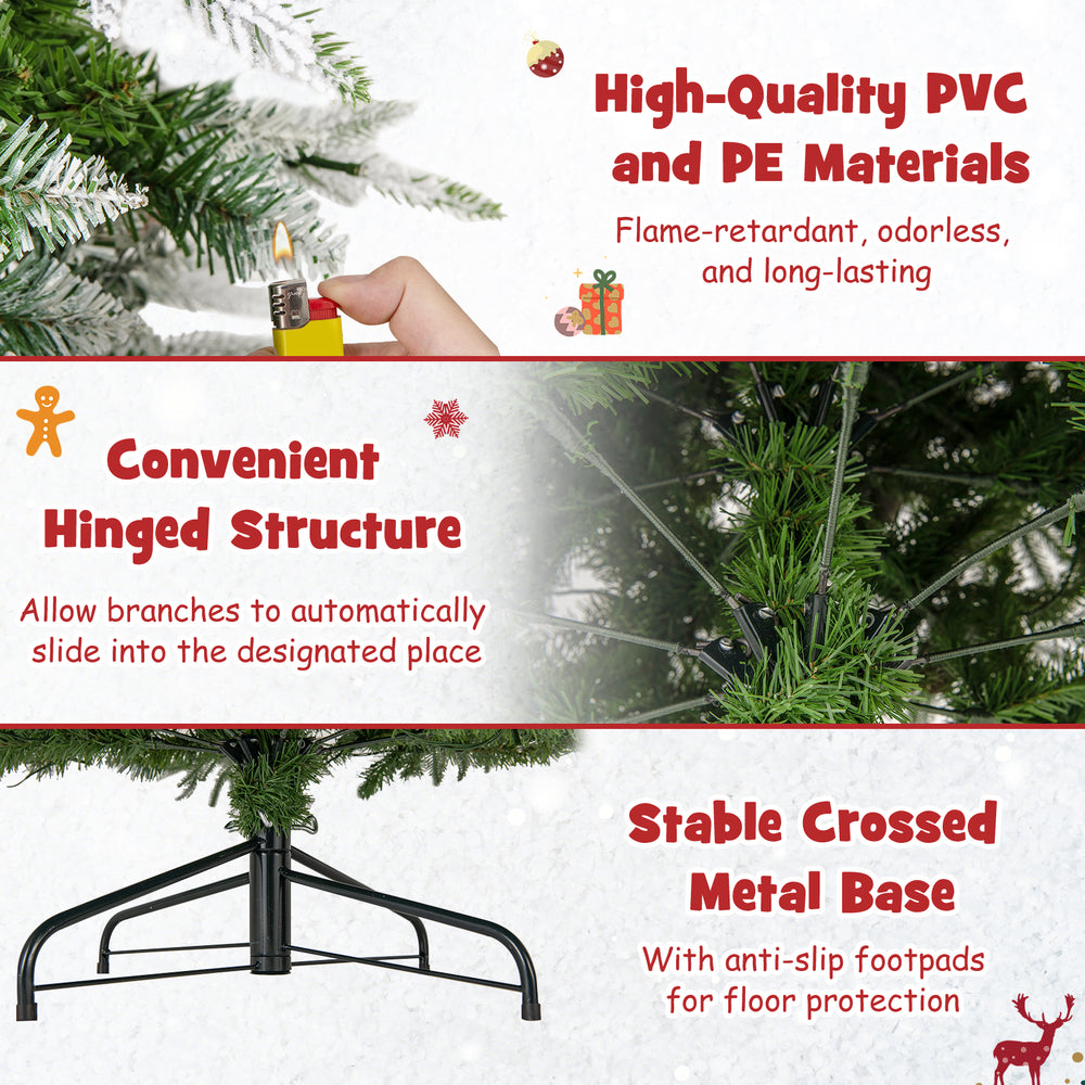 9-foot pre-lit artificial Christmas tree with snowy design, hinged branches, and stable crossed metal base for easy.