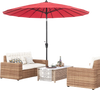 Red 9 feet round patio umbrella with fiberglass ribs, tilted for shade, placed over a rattan seating area.