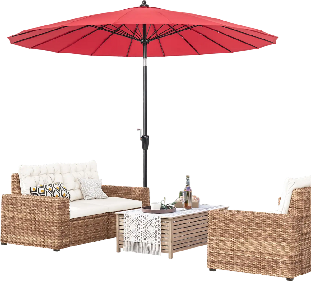 Red 9 feet round patio umbrella with fiberglass ribs, tilted for shade, placed over a rattan seating area.