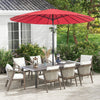 Red 9-foot patio umbrella with fiberglass ribs and aluminum pole, providing UV protection and a tilt mechanism for.