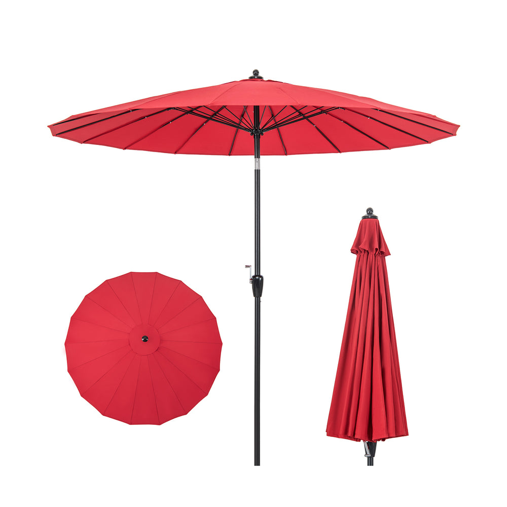 9 feet round patio umbrella in wine color with 18 fiberglass ribs, featuring a tilt mechanism and crank handle for easy.