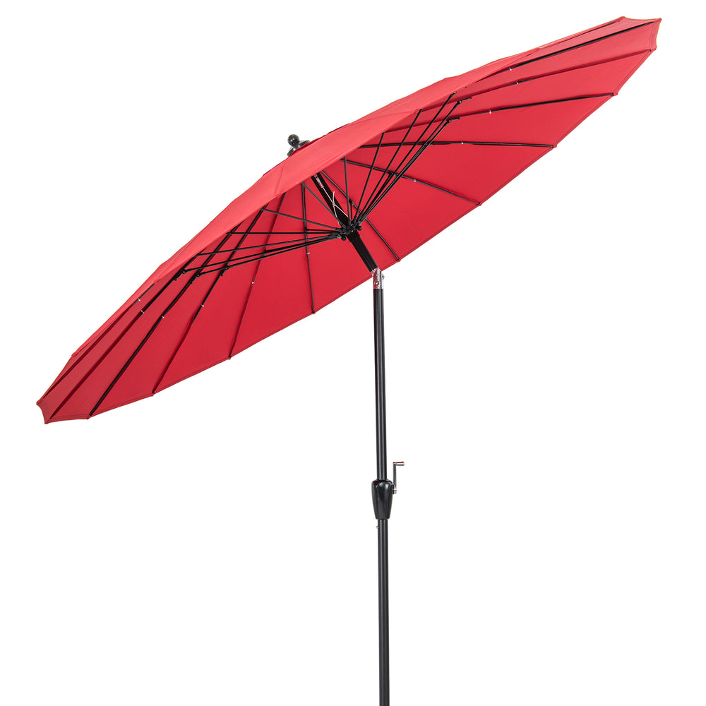 9 feet round patio umbrella in wine with fiberglass ribs, featuring a tilt mechanism and crank handle for easy use.