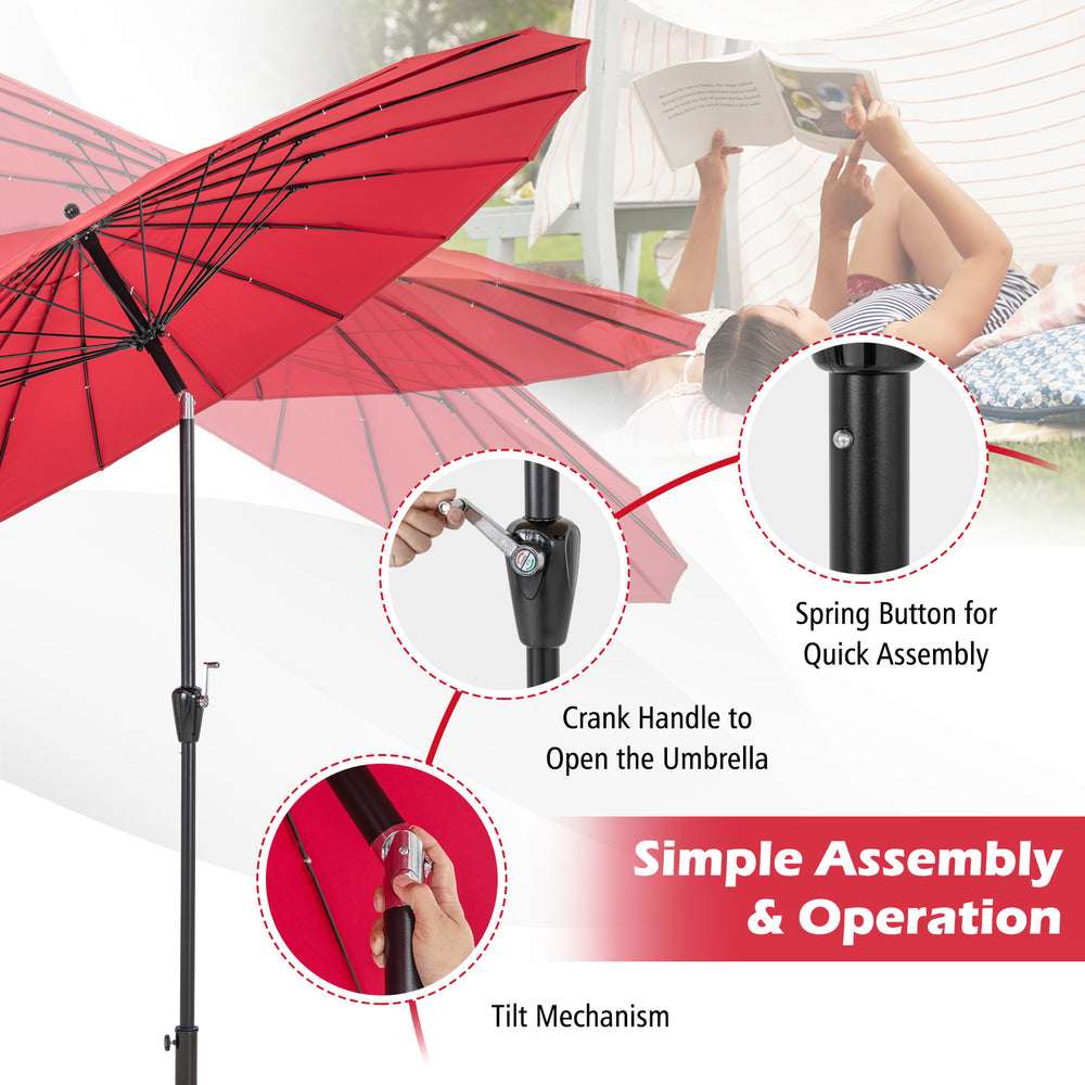 9 feet round patio umbrella in wine color with tilt mechanism, crank handle, and durable fiberglass ribs for reliable.