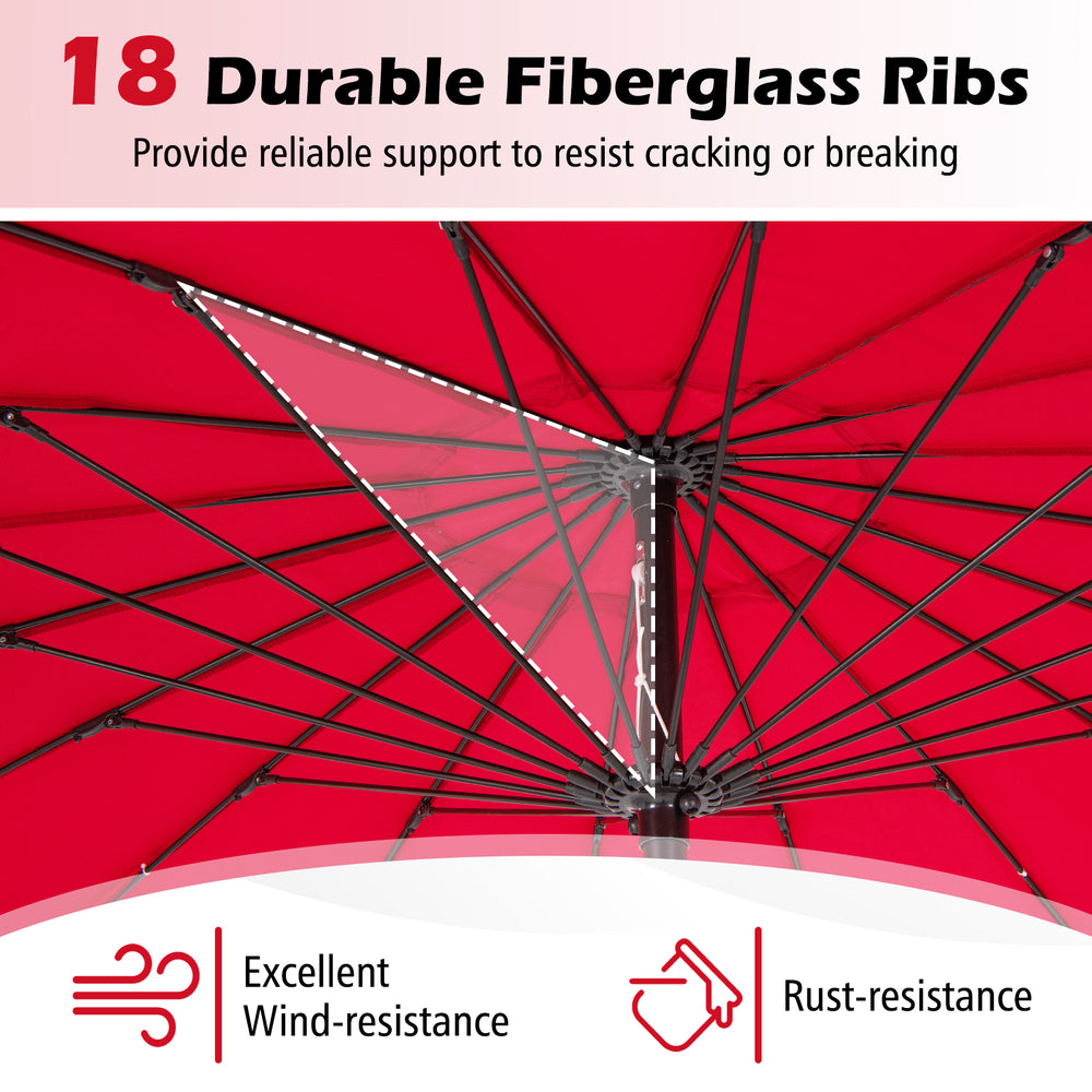 Close-up of the 9 feet round patio umbrella's 18 fiberglass ribs, showcasing durability and rust-resistance for outdoor.