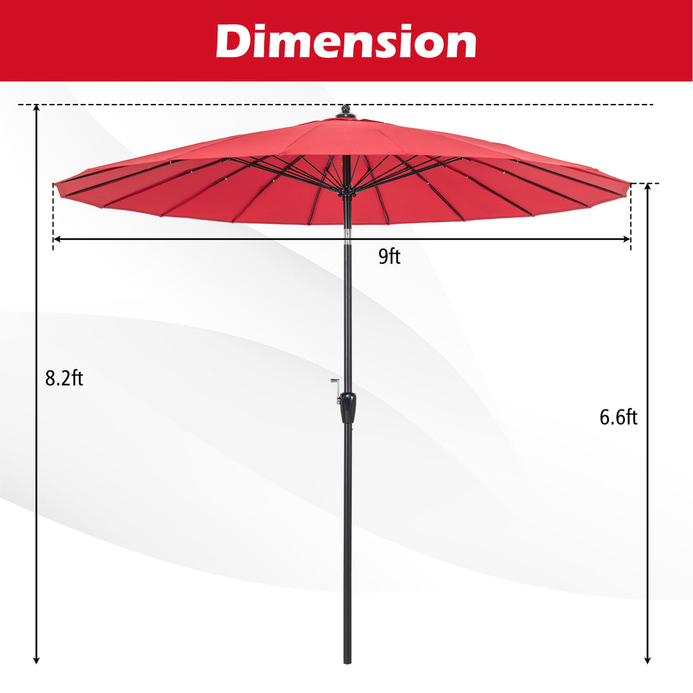 9-foot round patio umbrella in wine color with 18 fiberglass ribs, featuring a tilt mechanism and crank handle for easy.