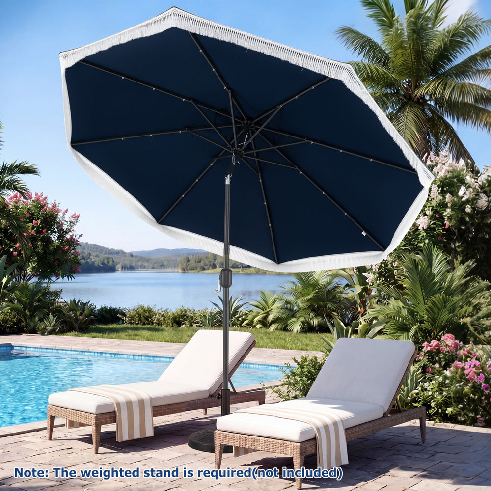 Navy 9 feet solar patio umbrella with LED lights, featuring a push button tilt for optimal shade by the poolside.