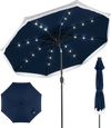 Navy 9-foot solar patio umbrella with 24 LED lights, featuring a push button tilt and elegant tassel for outdoor.