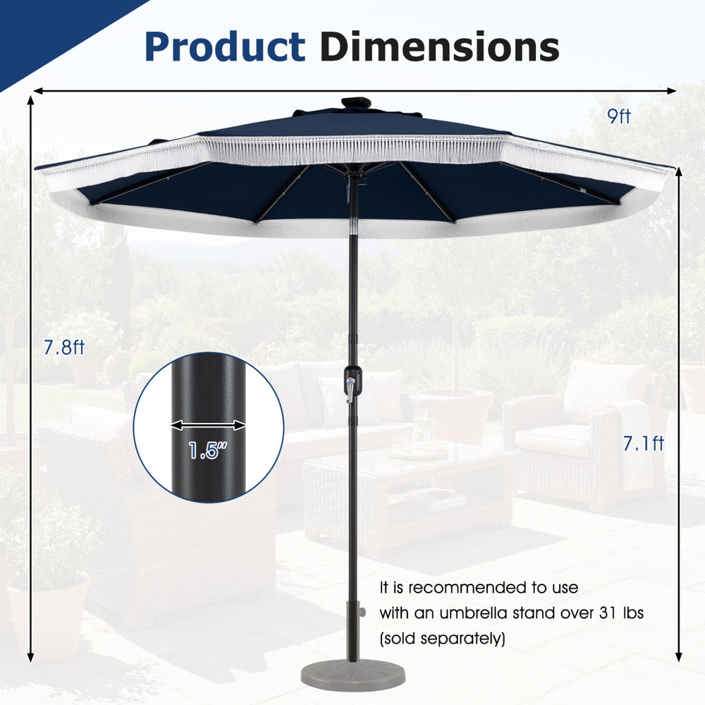 9 feet navy solar patio umbrella with 24 LED lights, featuring a push button tilt and vented top for optimal shade.